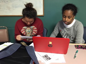 My lovely classmates, Maggie and Dominique, peer editing in the Sue B. Lounge!