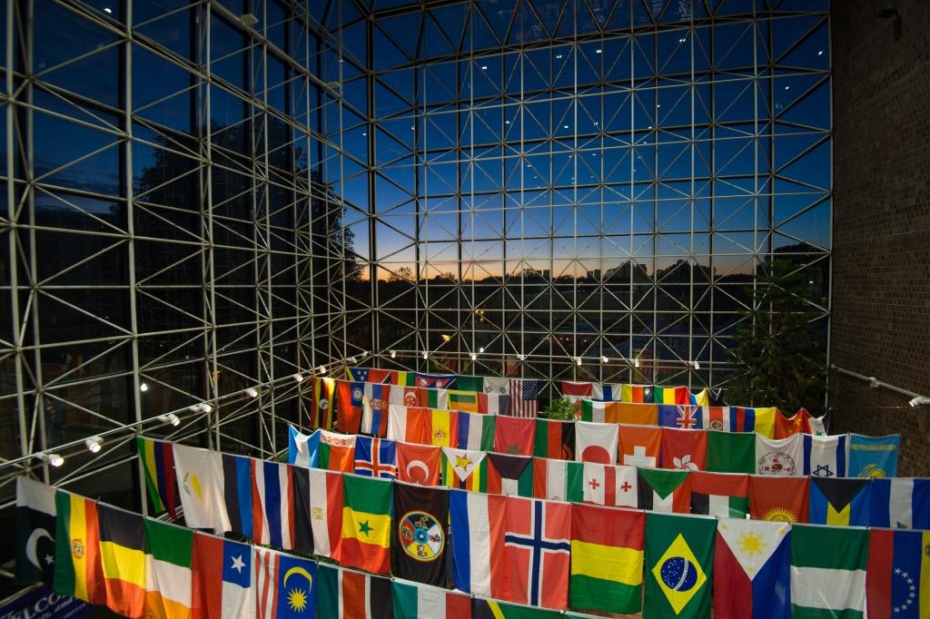 Flags representing the home countries of international students in Wilson Commons