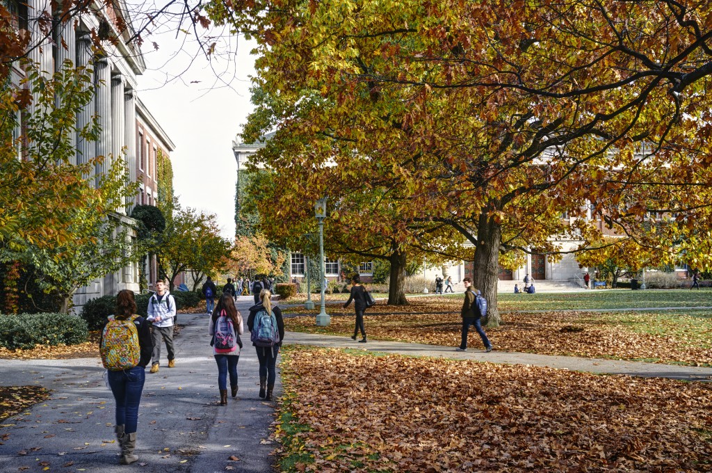 Students between classes in the George Eastman Quad on the University of Rochester's River Campus