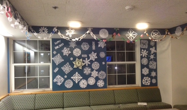 The Lounge wall, decked in handmade snowflakes...