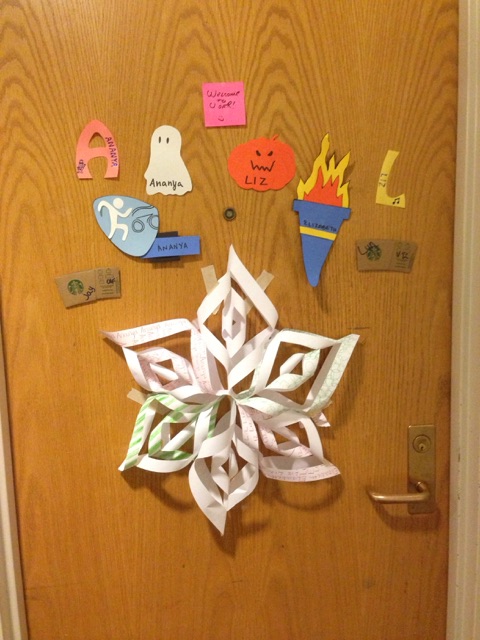 Paper snowflake on dorm door