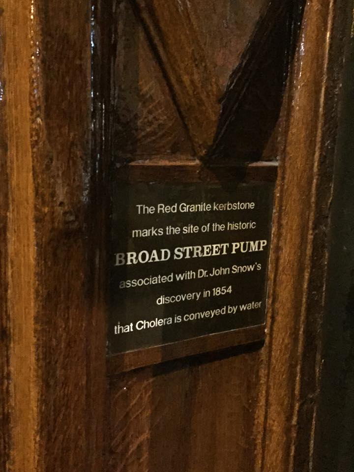 The Red Granite kerbstone marks the site of the historic BROAD STREET PUMP associated with Dr. John Snow's discovery in 1854 that Cholera is conveyed by water