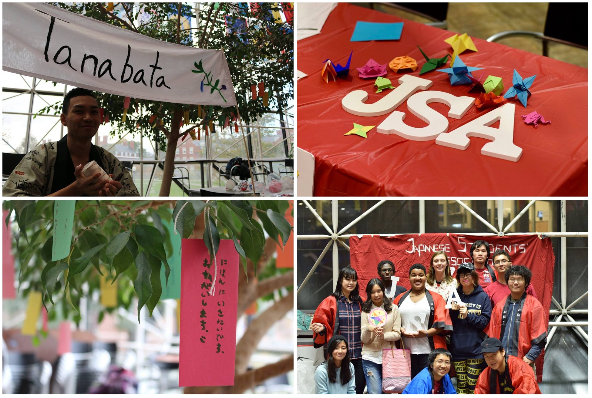 Collage of images: A student under a "Tanabata" banner, "JSA" letters on a table with origmi, a Japanese tag in a tree, and students posing in front of a JSA banner