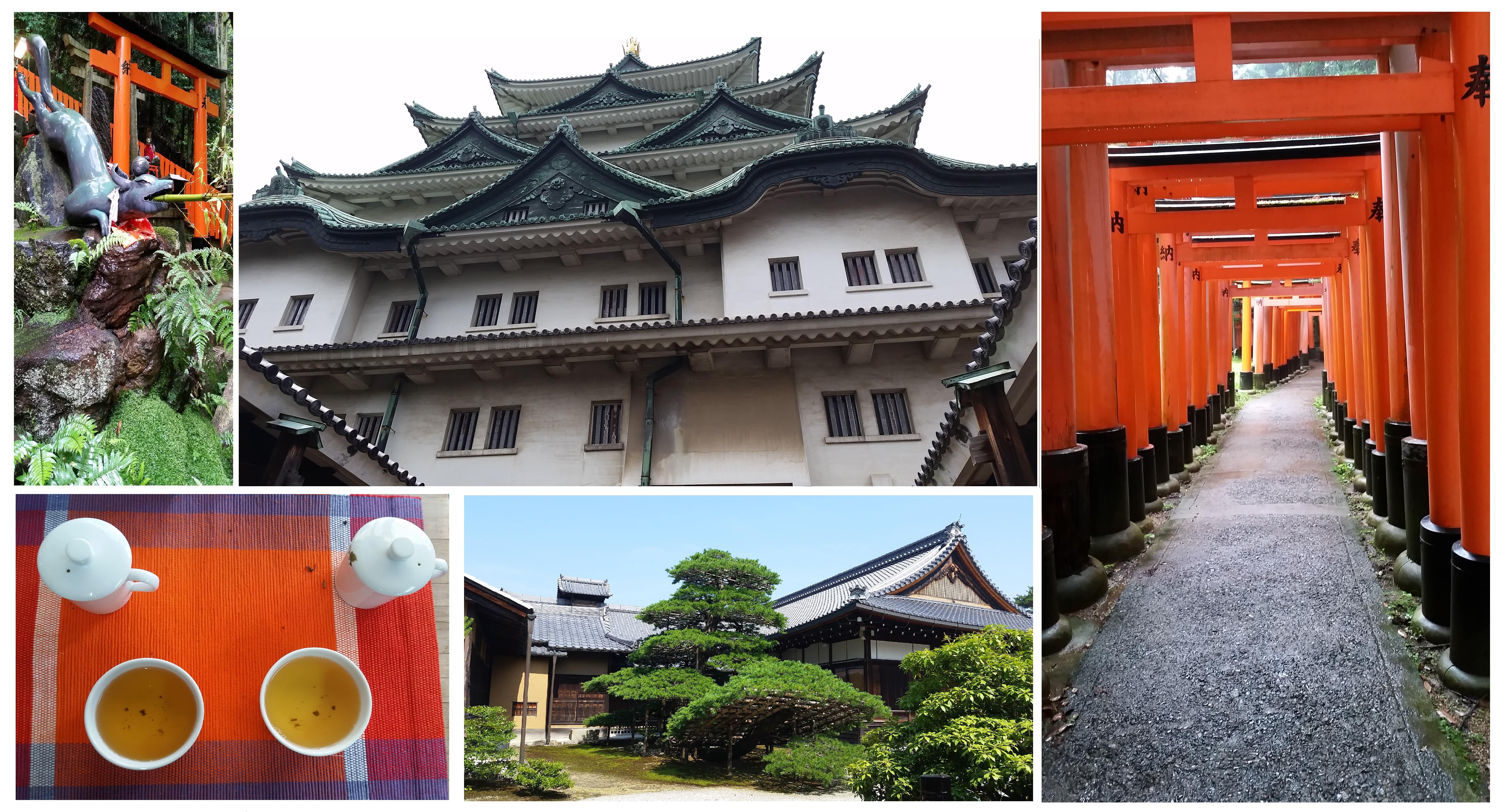 Collage of images from Nagoya, Japan: Statues, nature, buildings, walkways, tea