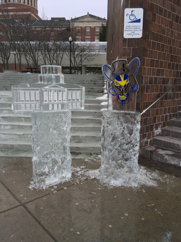 Ice sculptures of Rush Rhees and Rocky