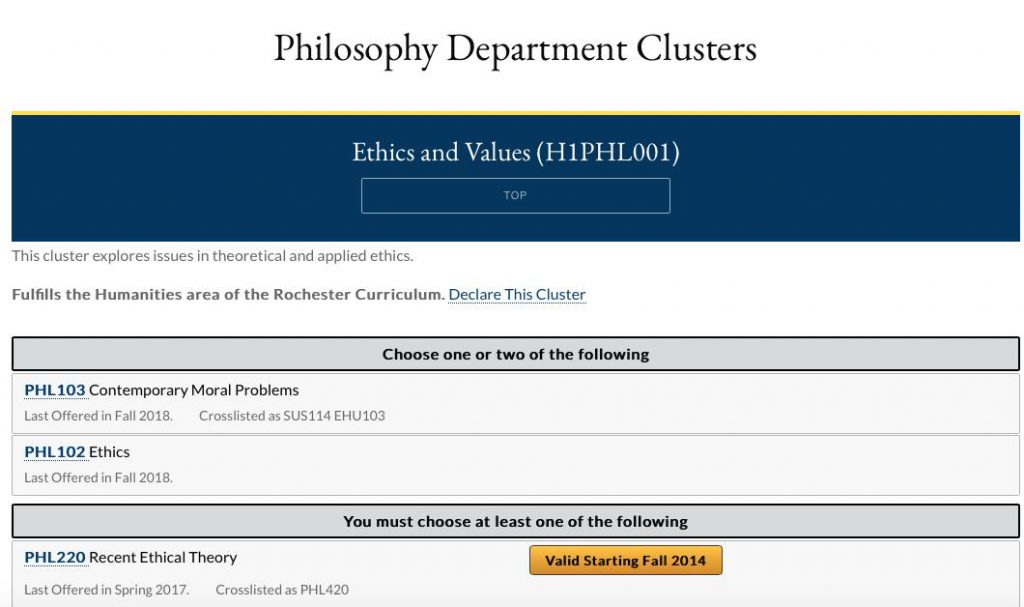 Screenshot of ethics and values courses