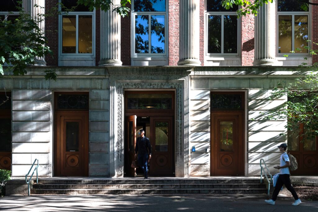 University of Rochester’s River Campus and Dewey Hall are seen during a warm afternoon.