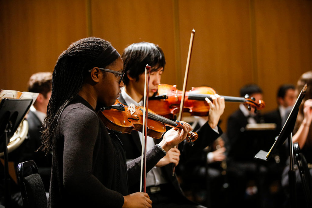 University of Rochester student, Rochelle Vassell plays at a dress rehearsal of the UR Chamber Orchestra in Strong Auditorium.