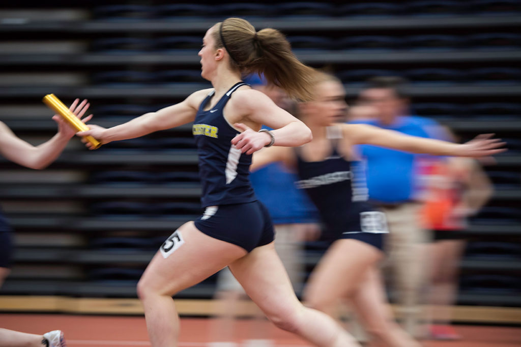 University of Rochester womens track athlete Laura Lockard competes in the 4x400m relay.