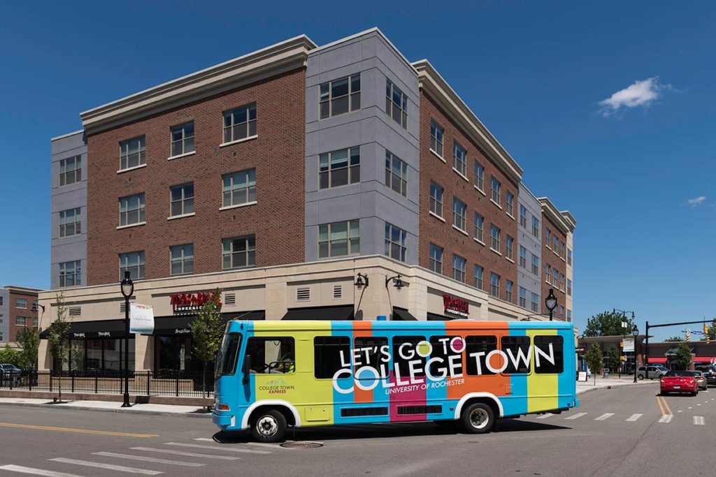 The College Town bus is pictured at the University of Rochester's Collegetown development.