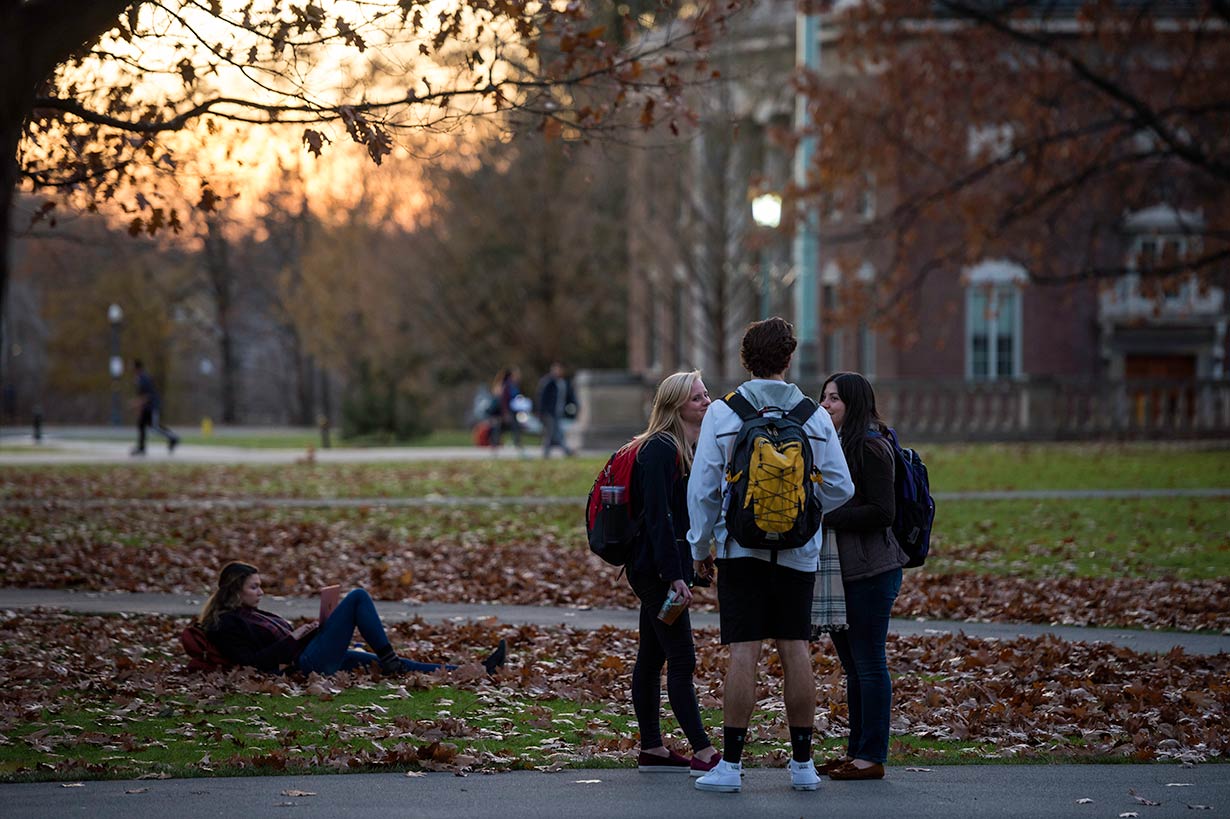 Students talking on the quad with fall leaves.