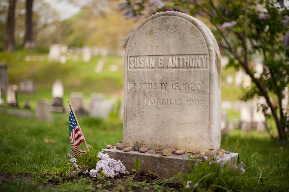 The headstone for Susan B. Anthony in Mt. Hope Cemetery.