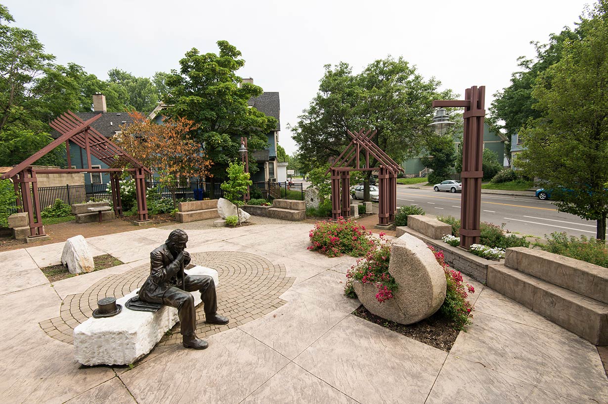 A pocket park at an intersection in the South Wedge.