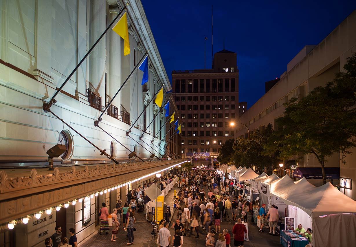 An aerial view of East Avenue at night during the Rochester International Jazz Festival.