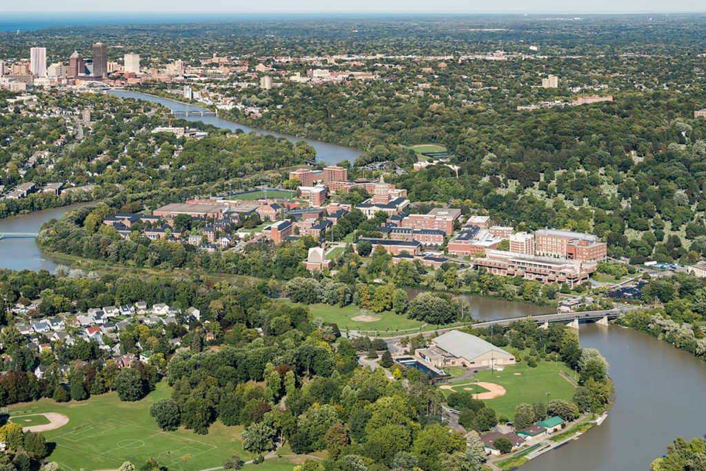An aerial view of River Campus and the City of Rochester.