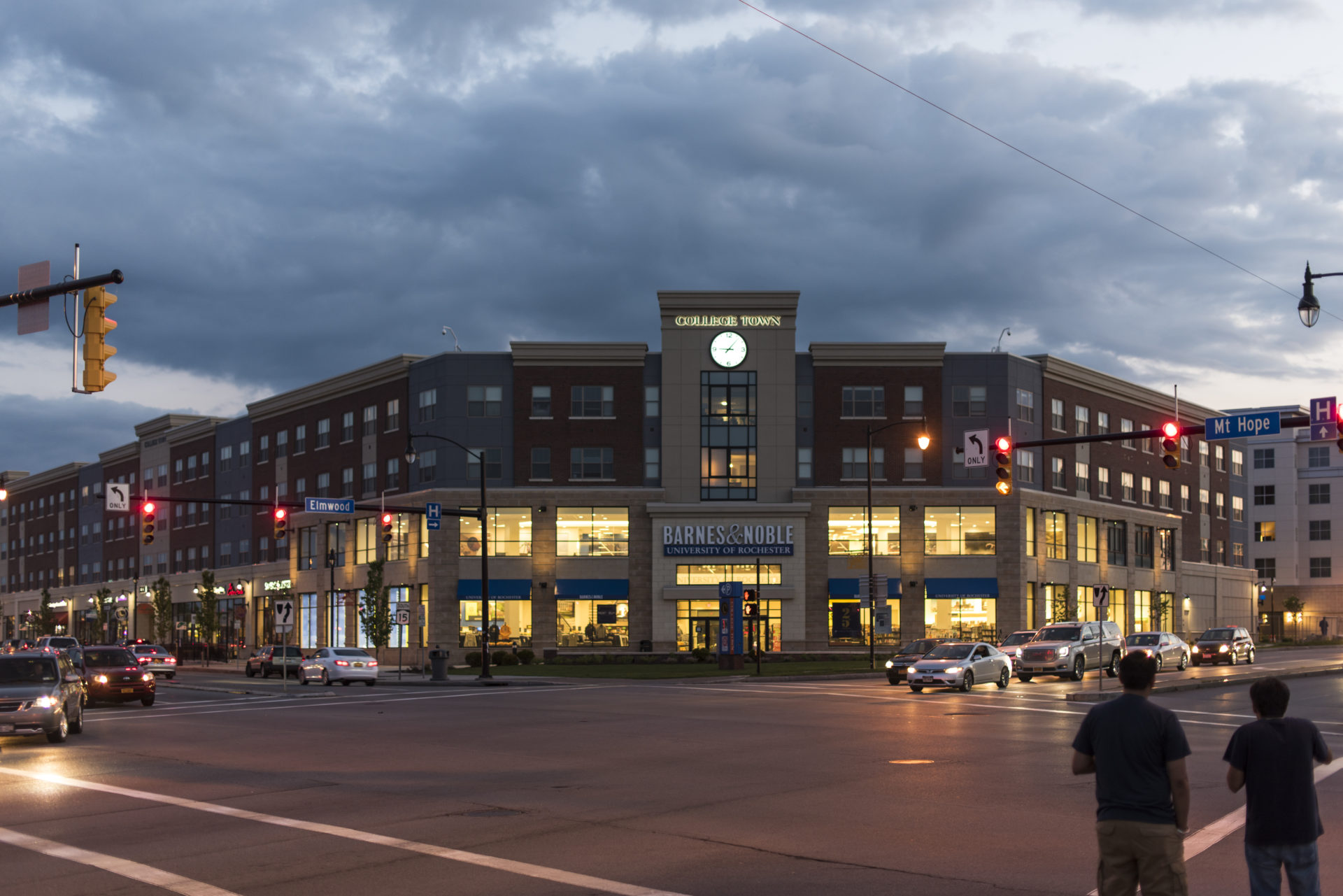 University of Rochester's College Town is pictured at dusk.