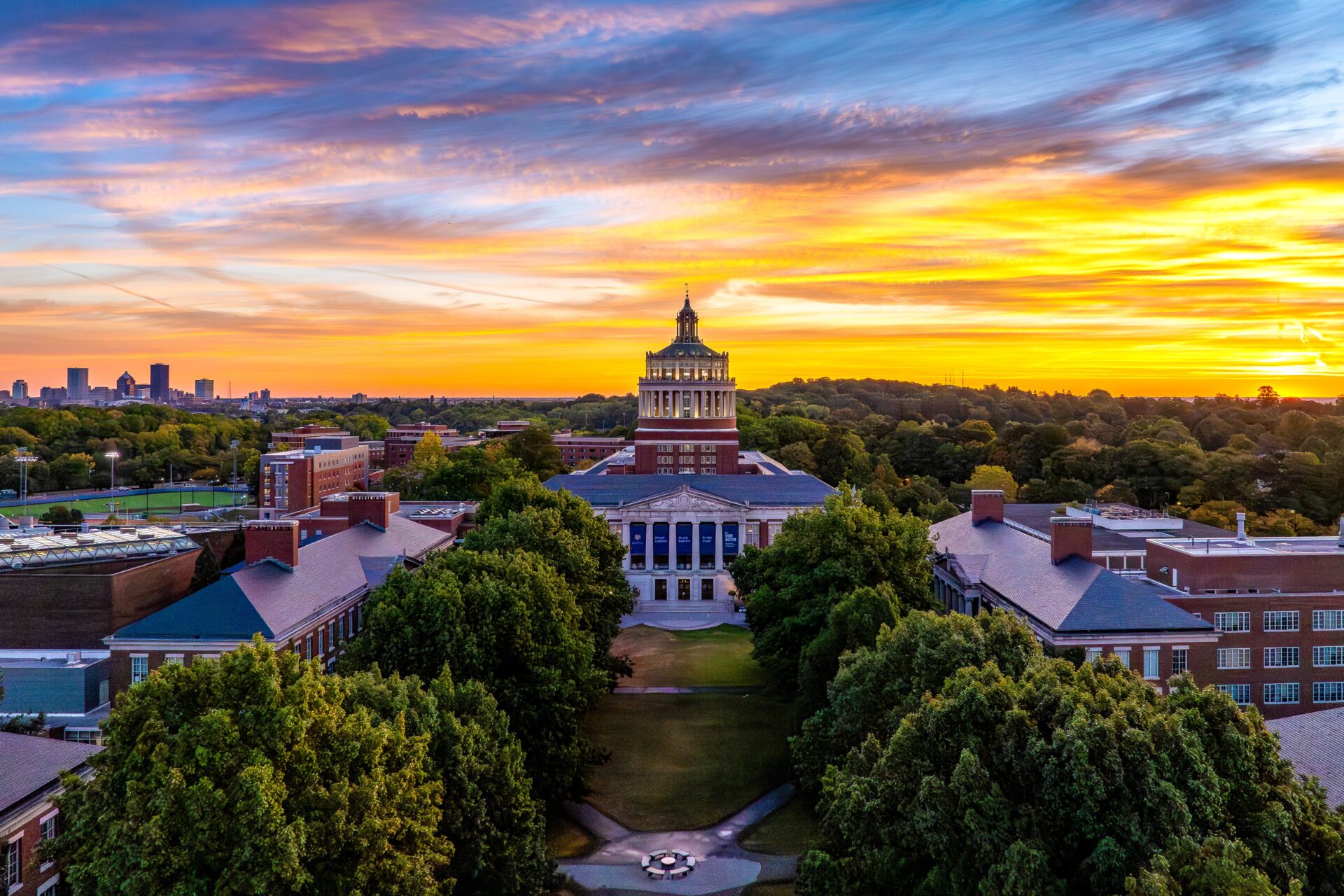 University of Rochester’s River Campus and Rush Rhees Library are seen via aerial drone at dawn and sunrise