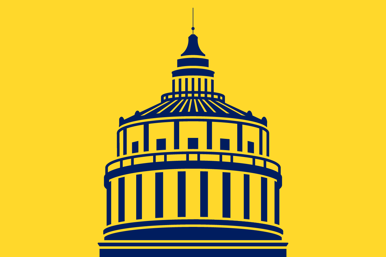 Decorative image with a yellow background and navy blue illustration of Rush Rhees Library.
