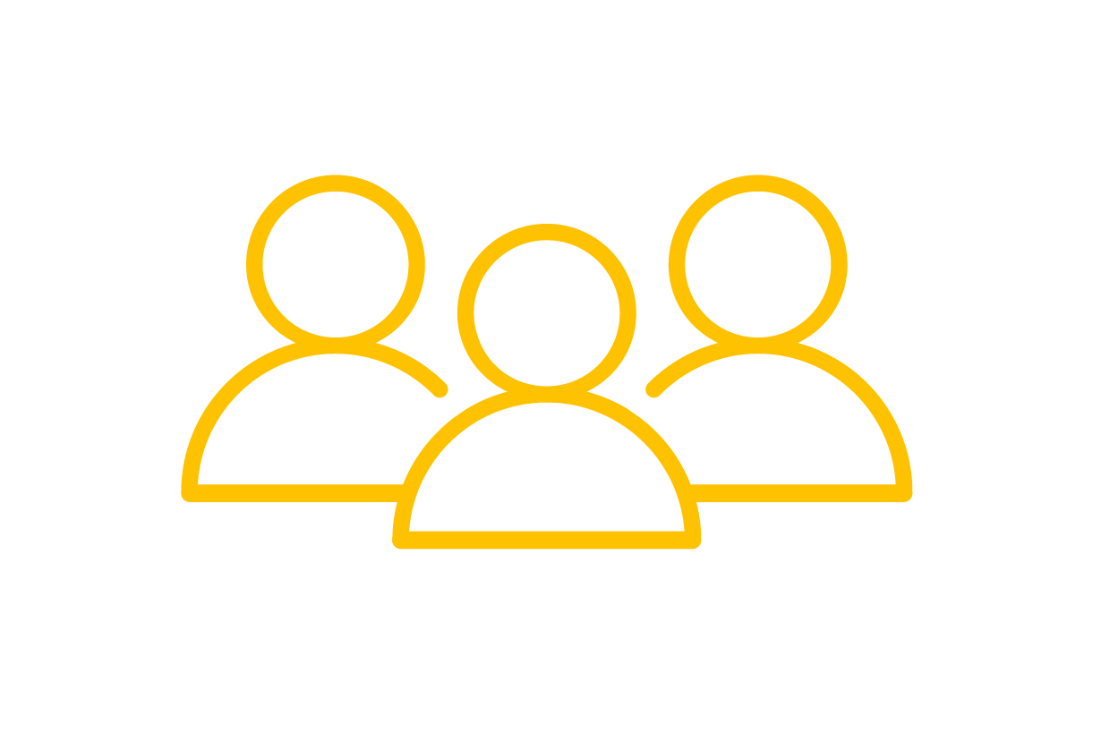 Decorative image with a white background and yellow illustration of three people.