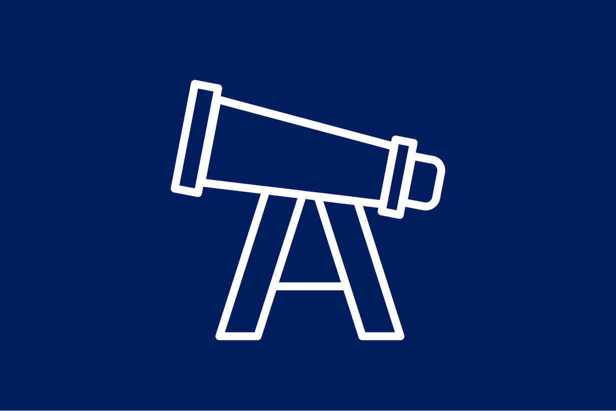 Decorative image with a navy blue background and an illustration of a white telescope.