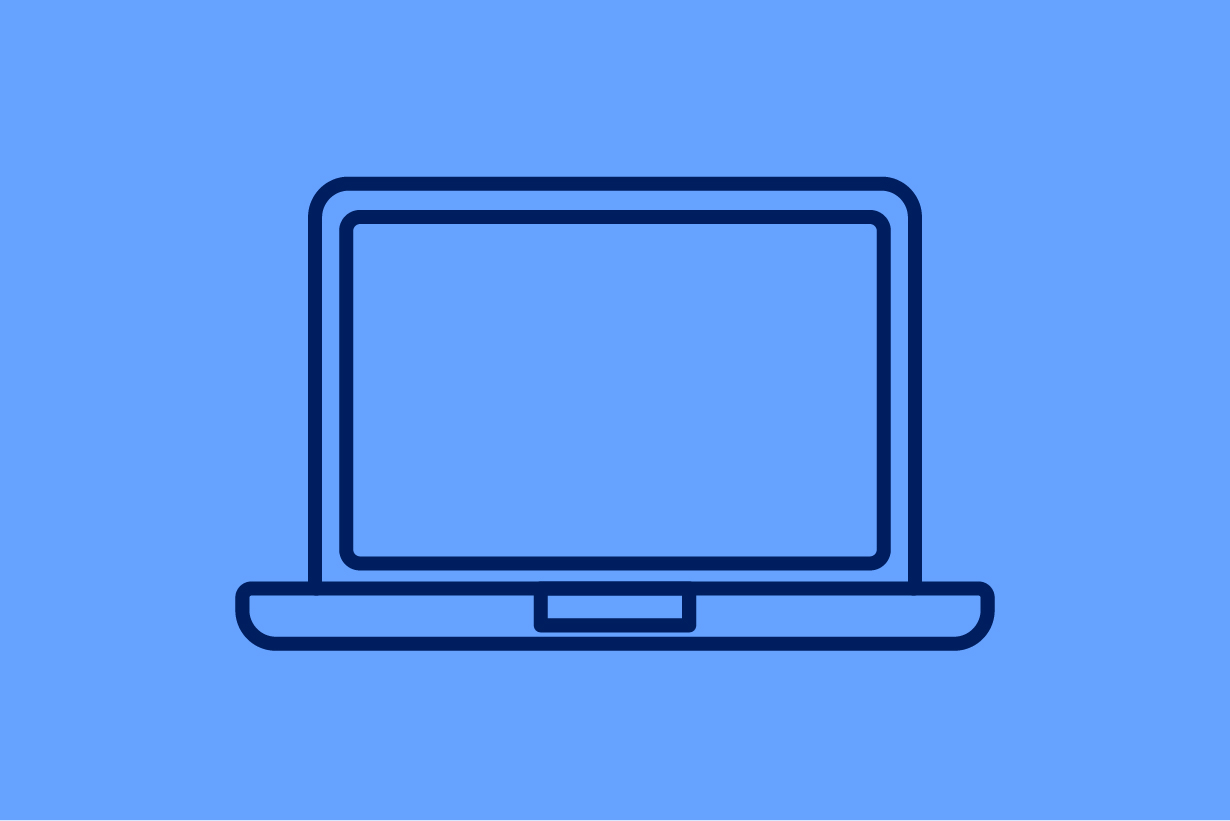 Decorative image with a light blue background and illustration of a navy laptop.