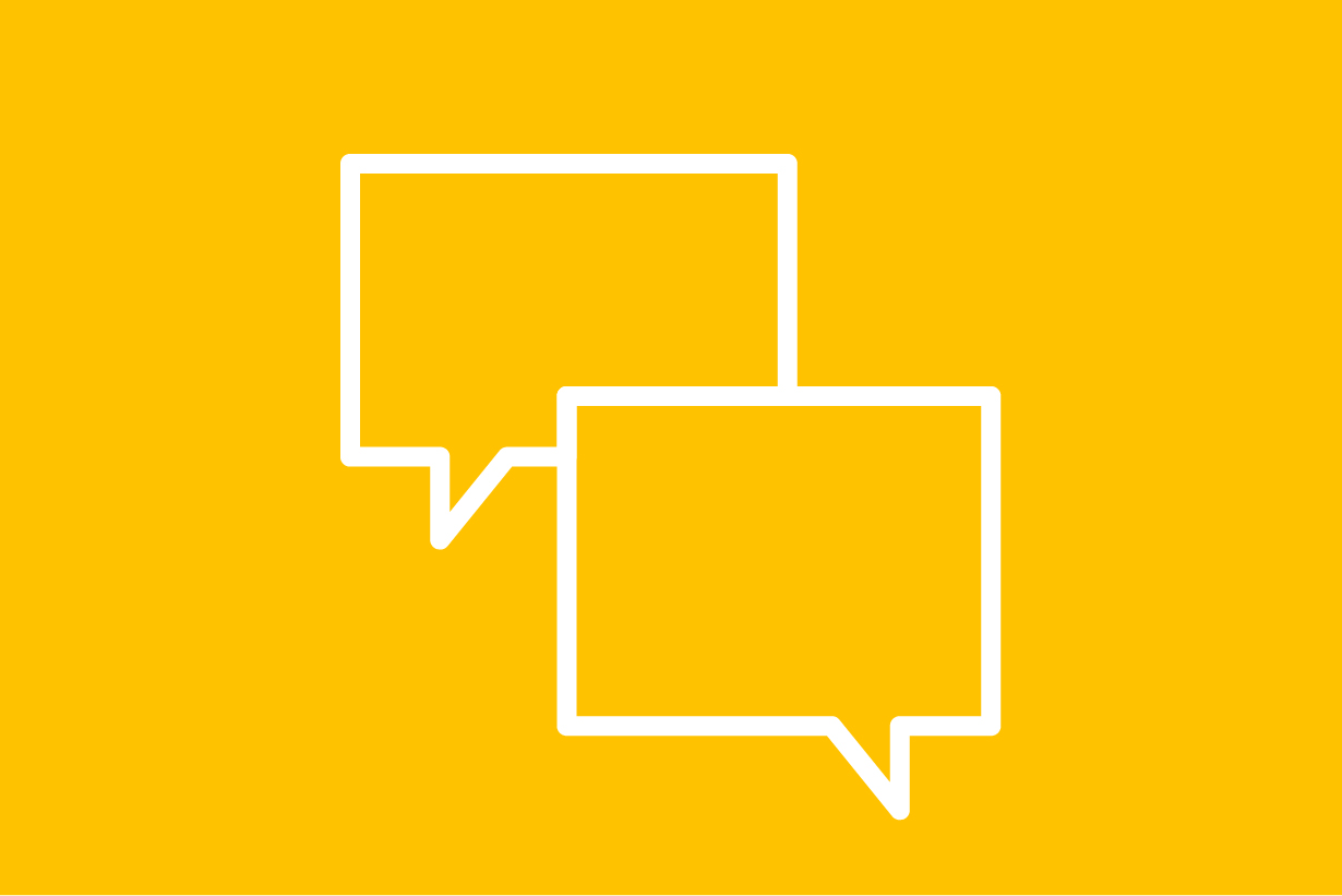 Decorative image with a yellow background and illustration of two, white overlapping text bubbles.