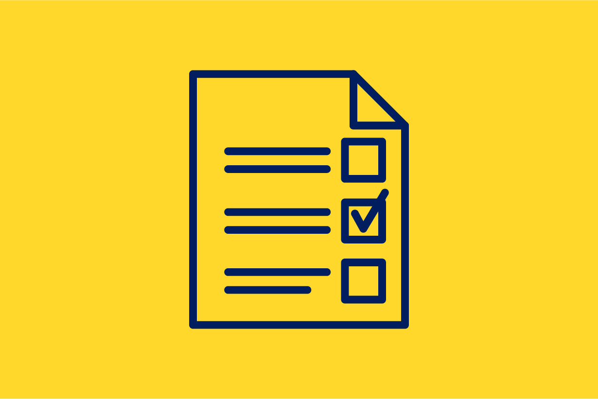 Decorative image with a yellow background and illustration of a checklist with three items, the middle item is checked off.