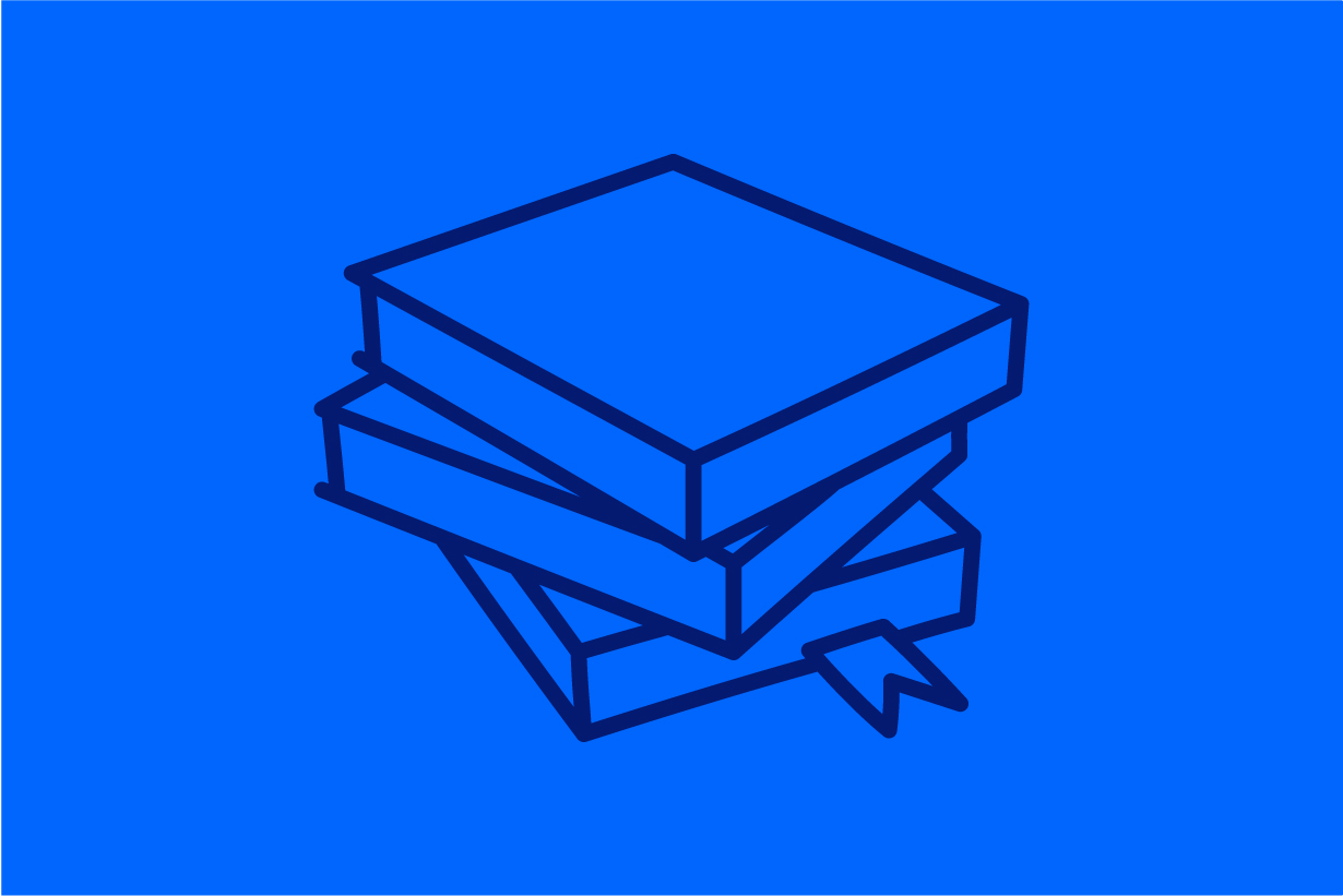 Decorative image with a light blue background and illustration of three, stacked textbooks.