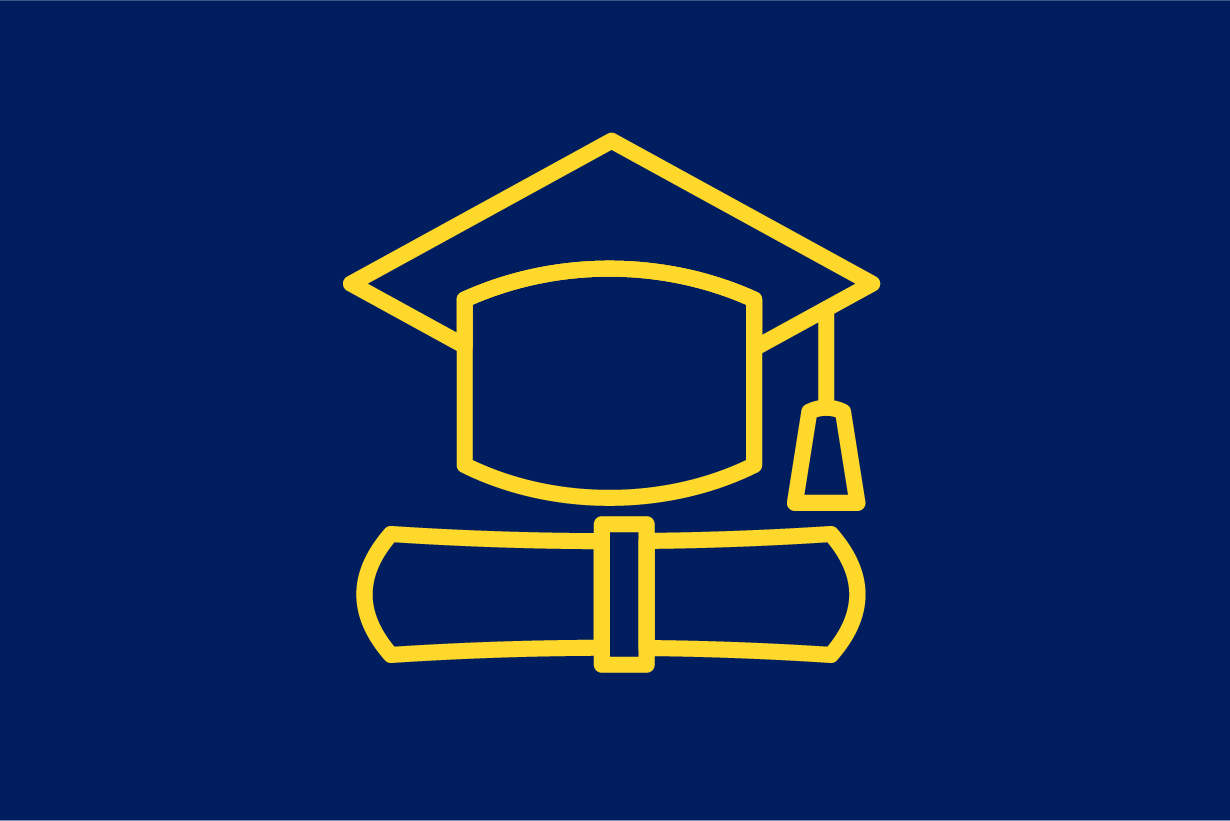 Decorative image with a navy blue background and illustration of a yellow graduation cap over a diploma.
